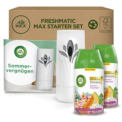 Air Wick Freshmatic Max – Starter Set mit Gerät und 2 Nachfüllern – Lufterfrischer automatisch – Duft: Sommervergnügen – 2 x 250 ml Nachfüller + Gerät in Weiß, Bewertung: 4,3 von 5 Sternen 1